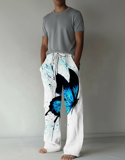 Pantalon Fluide Blanc Imprimé Papillon Bleu Décontracté Homme - Viscose