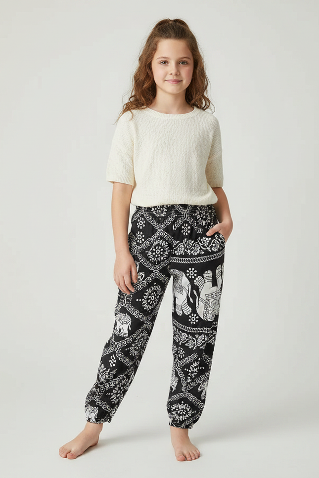 Pantalon Fluide Noir Ample Motif Éléphants Fille - Viscose