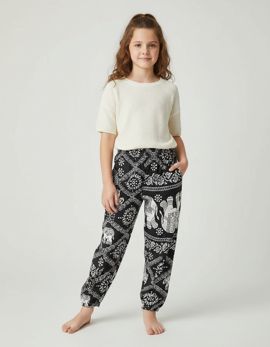 Pantalon Fluide Noir Ample Motif Éléphants Fille - Viscose