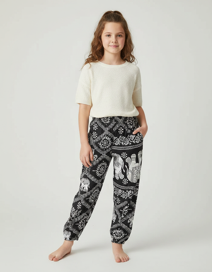 Pantalon Fluide Noir Ample Motif Éléphants Fille - Viscose