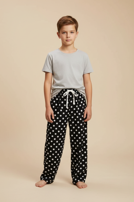Pantalon Fluide Noir Pois Blancs Ample Décontracté Enfant - Viscose