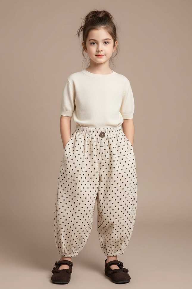 Pantalon Fluide Beige Côtelé Ample Pois Enfant - Cordé