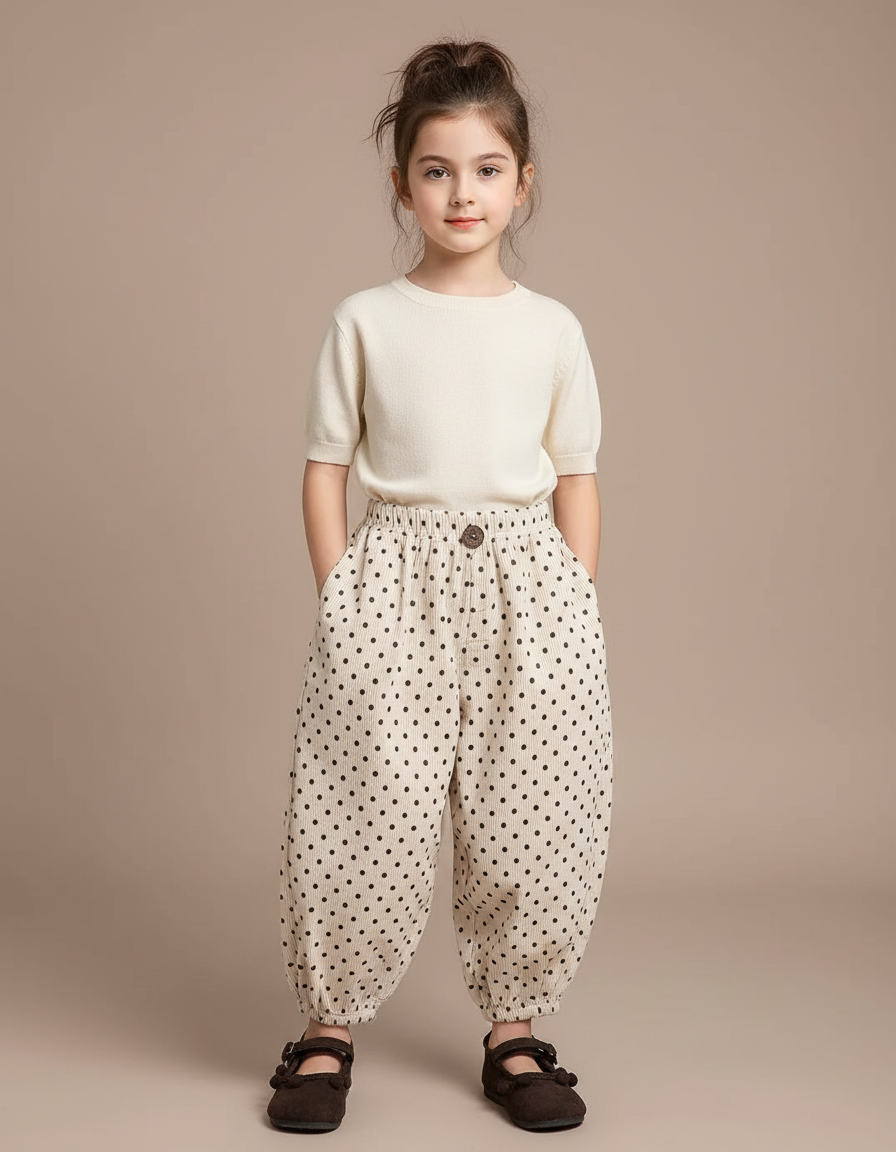 Pantalon Fluide Beige Côtelé Ample Pois Enfant - Cordé