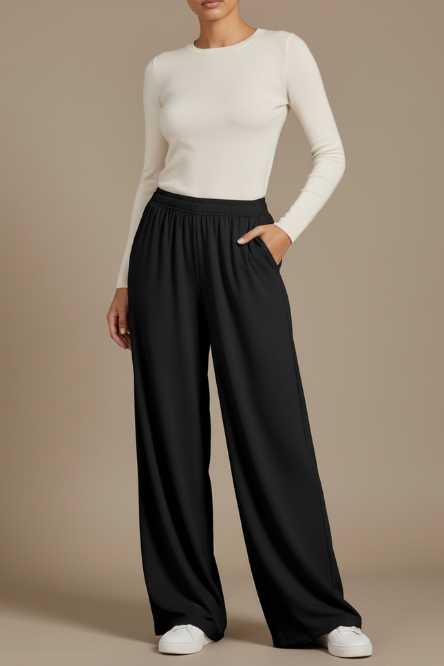 Pantalon Fluide Noir Ample Taille Haute Décontracté - Viscose