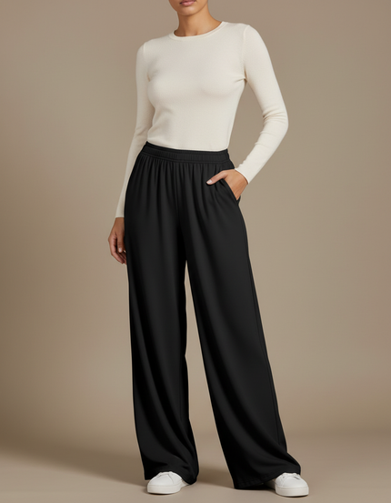 Pantalon Fluide Noir Ample Taille Haute Décontracté - Viscose
