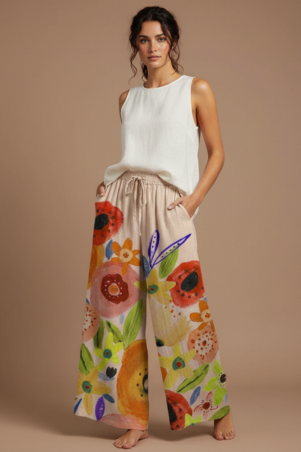 Pantalon Fluide Rouge Fleuri - Multicolore Lin