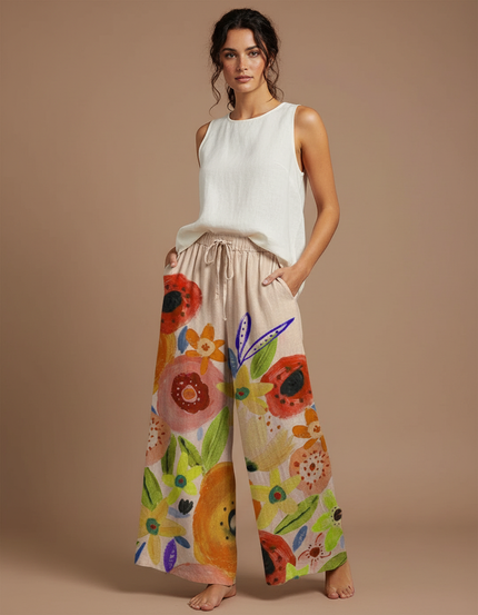Pantalon Fluide Rouge Fleuri - Multicolore Lin