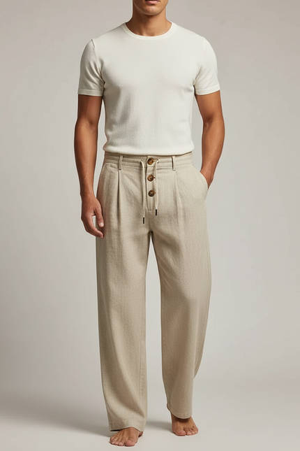 Pantalon Fluide Beige Lin Ample Plissé Décontracté Homme