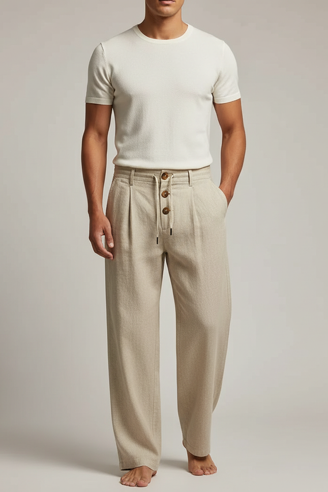 Pantalon Fluide Beige Lin Ample Plissé Décontracté Homme