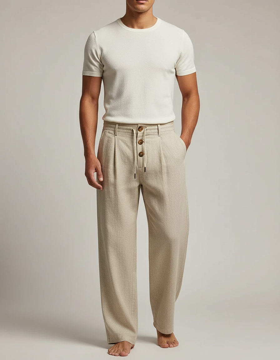 Pantalon Fluide Beige Lin Ample Plissé Décontracté Homme