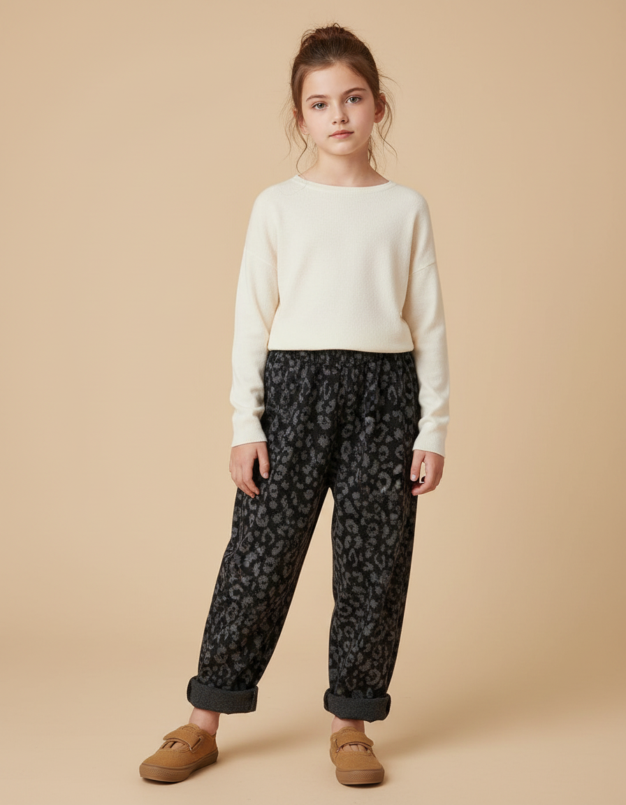 Pantalon Fluide Léopard Noir Ample Enfant Chic - Molleton