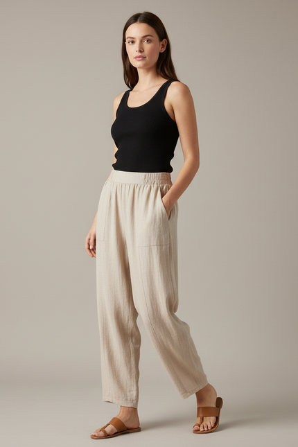 Pantalon Fluide Beige Coton Lin Ample Décontracté