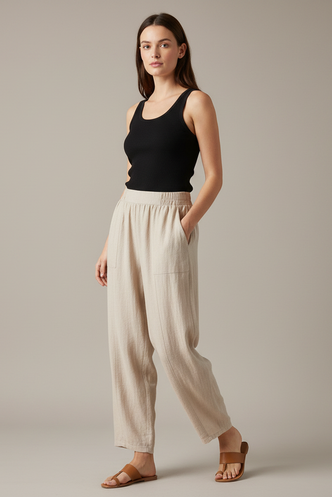 Pantalon Fluide Beige Coton Lin Ample Décontracté