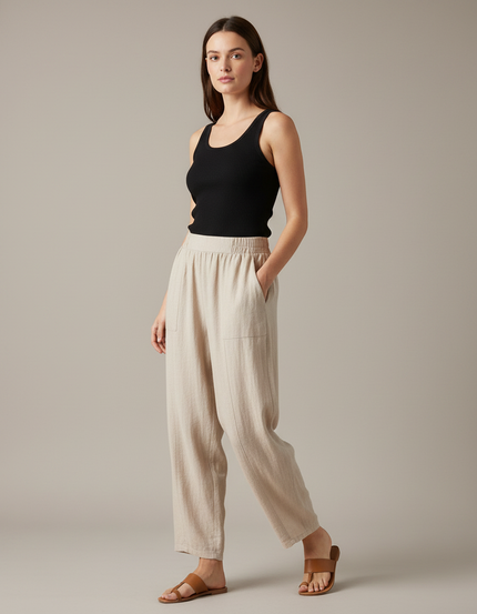 Pantalon Fluide Beige Coton Lin Ample Décontracté