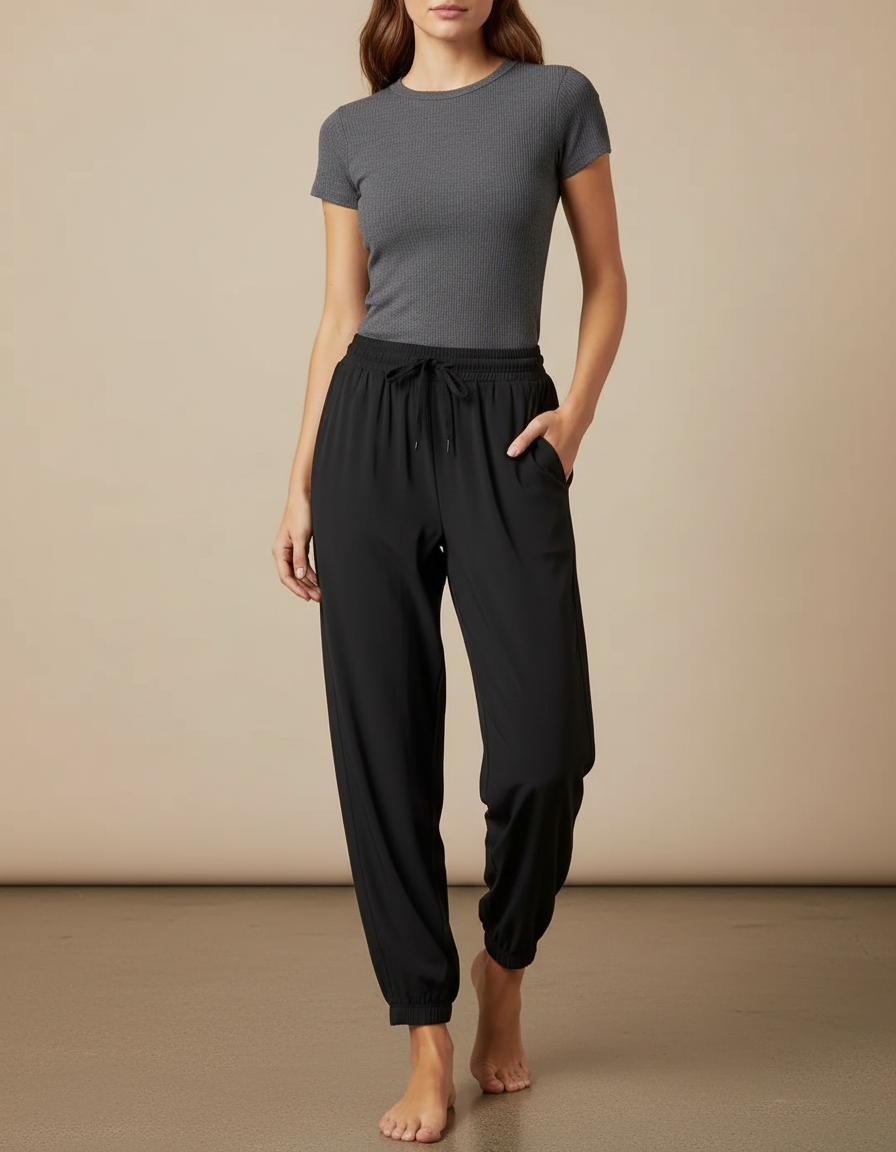 Pantalon Fluide Noir Ample Sport Jogger Femme - Polyester