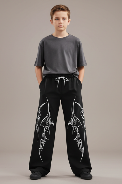 Pantalon Fluide Noir Ample Imprimé Tribal Garçon - Polyester