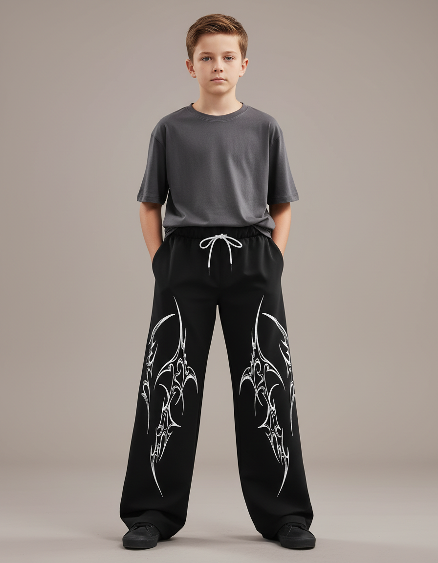 Pantalon Fluide Noir Ample Imprimé Tribal Garçon - Polyester