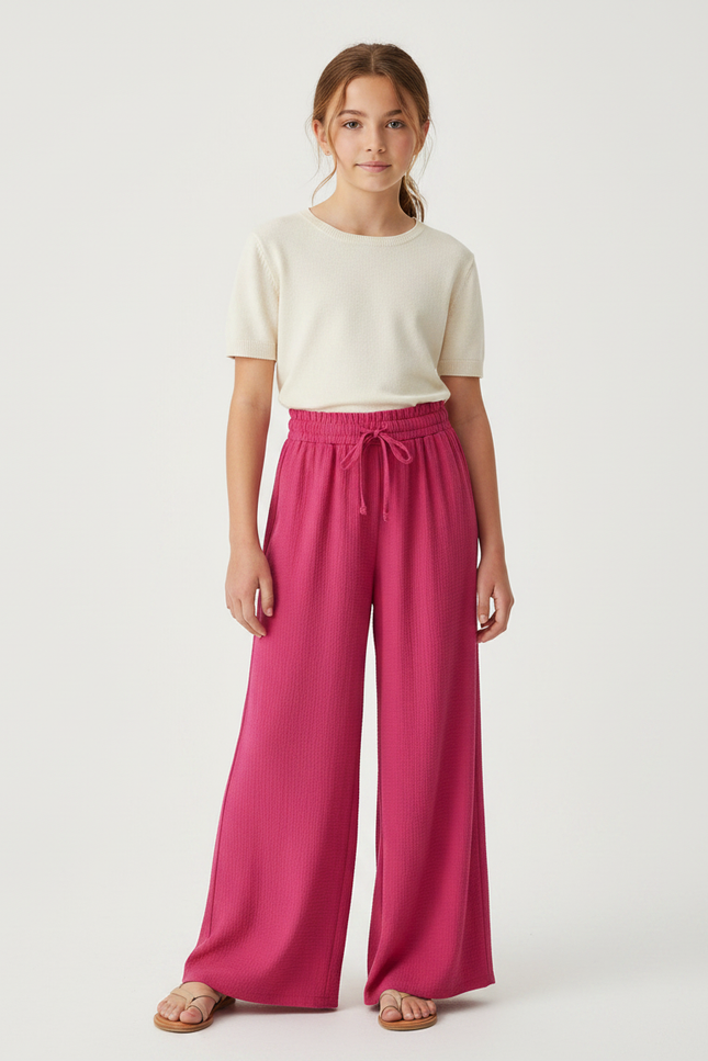 Pantalon Fluide Fuchsia Ample Cordon Décontracté Fille - Rose Maille