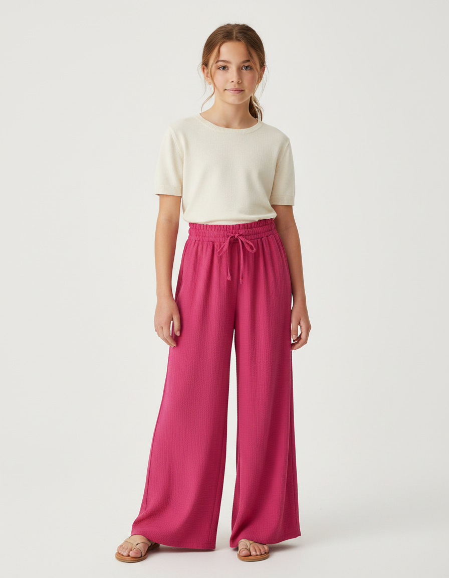 Pantalon Fluide Fuchsia Ample Cordon Décontracté Fille - Rose Maille