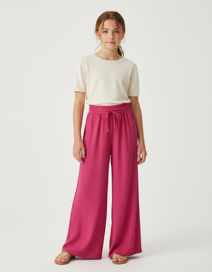 Pantalon Fluide Fuchsia Ample Cordon Décontracté Fille - Rose Maille