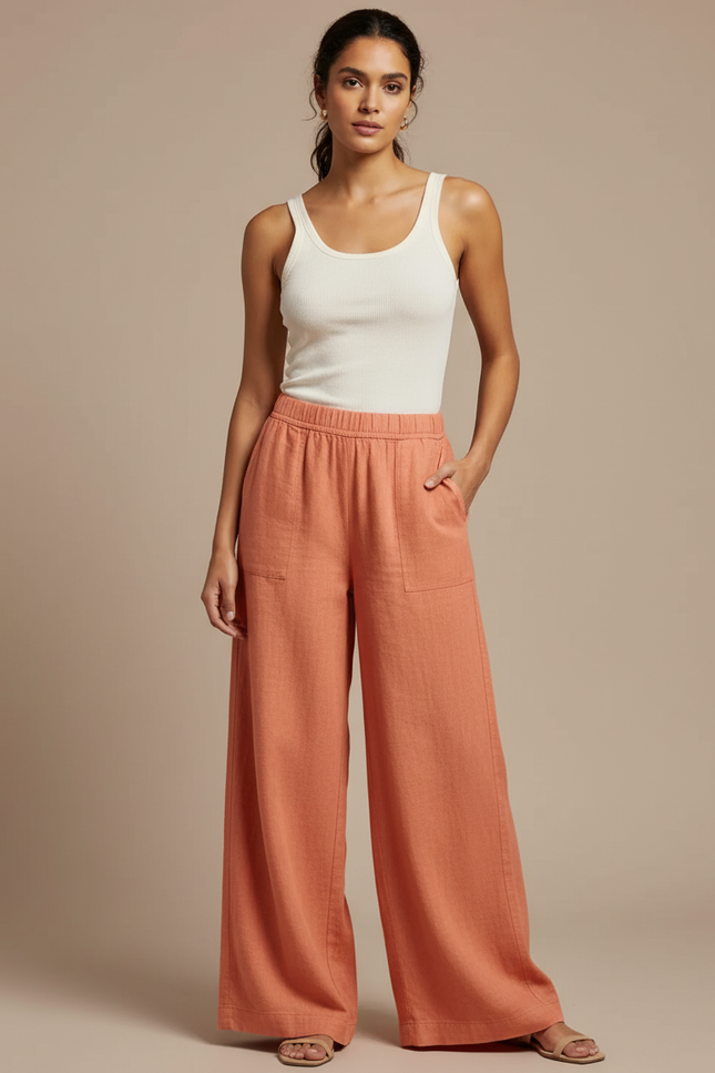 Pantalon Fluide Orange Ample Lin Taille Élastiquée