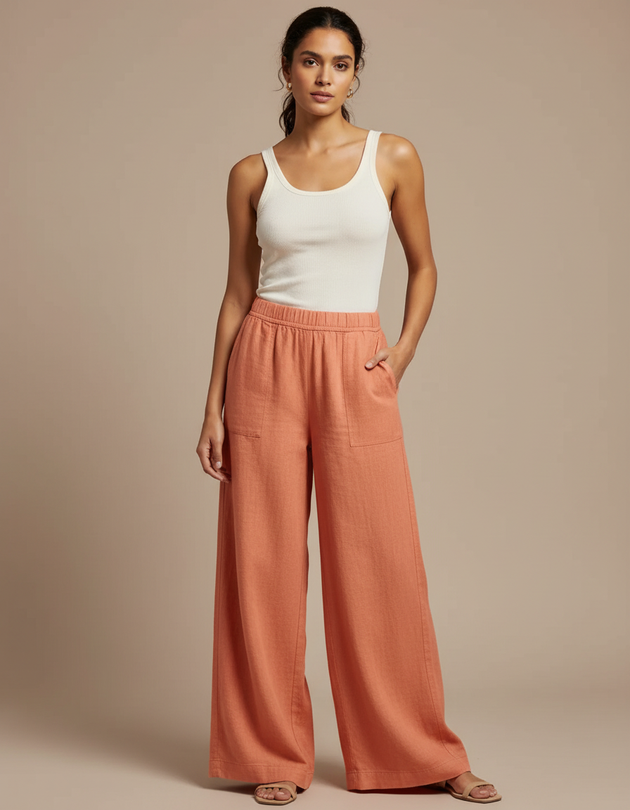Pantalon Fluide Orange Ample Lin Taille Élastiquée