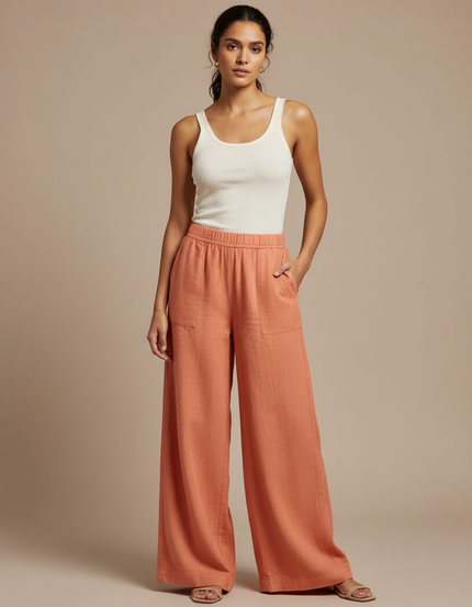 Pantalon Fluide Orange Ample Lin Taille Élastiquée