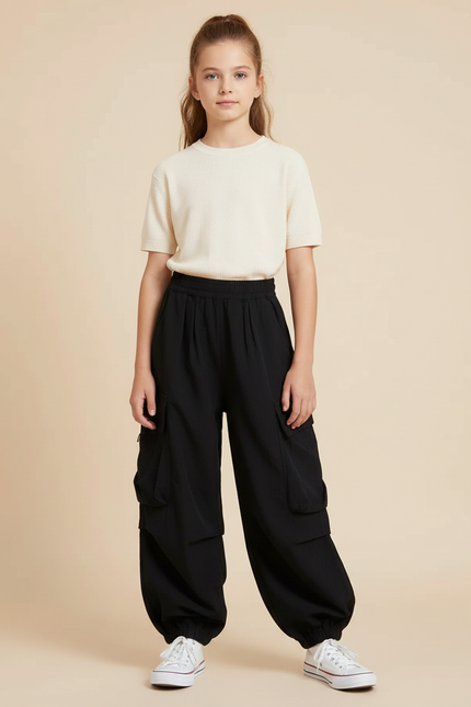 Pantalon Fluide Noir Ample Cargo Élastiqué Fille - Polyester