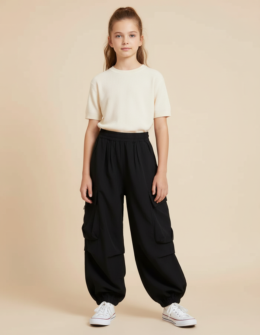 Pantalon Fluide Noir Ample Cargo Élastiqué Fille - Polyester
