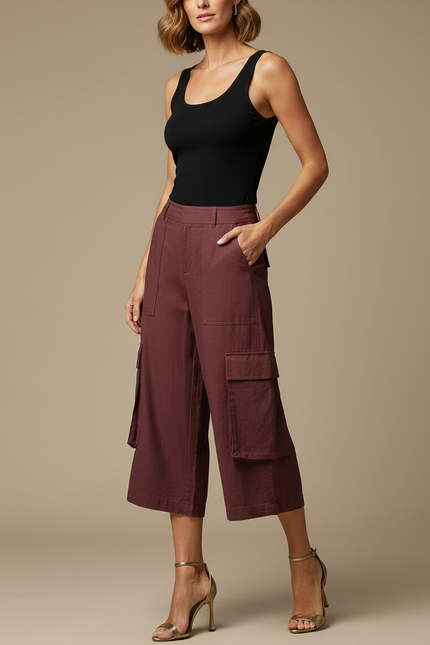 Pantalon Fluide Cargo Bordeaux Court Coton Ample