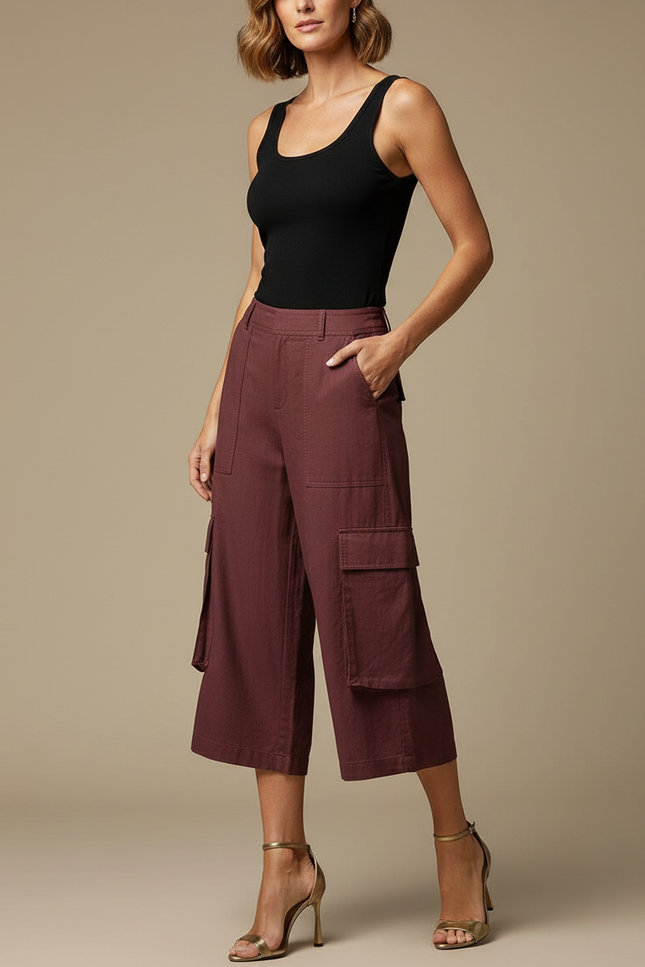 Pantalon Fluide Cargo Bordeaux Court Coton Ample