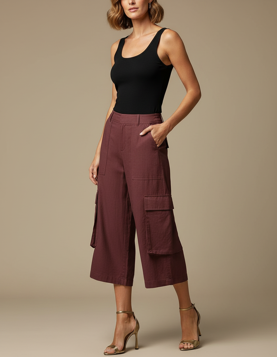 Pantalon Fluide Cargo Bordeaux Court Coton Ample
