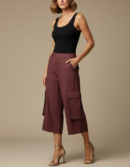 Pantalon Fluide Cargo Bordeaux Court Coton Ample