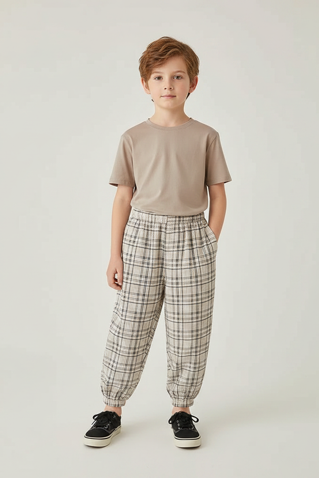 Pantalon Fluide Écru Plaid Ample Décontracté Enfant - Beige Lin