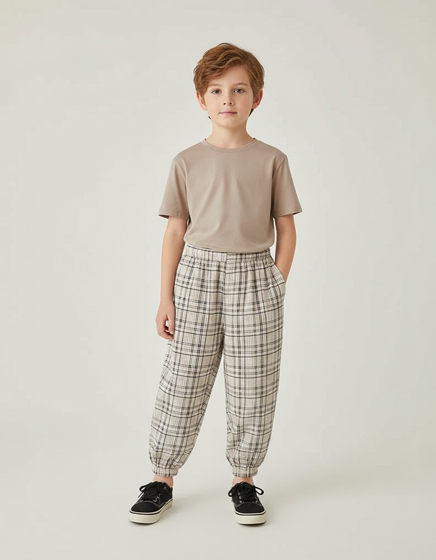 Pantalon Fluide Écru Plaid Ample Décontracté Enfant - Beige Lin