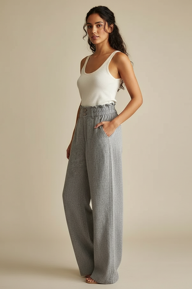 Pantalon Fluide Gris Ample Taille Haute Boutons - Molleton