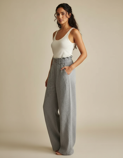 Pantalon Fluide Gris Ample Taille Haute Boutons - Molleton