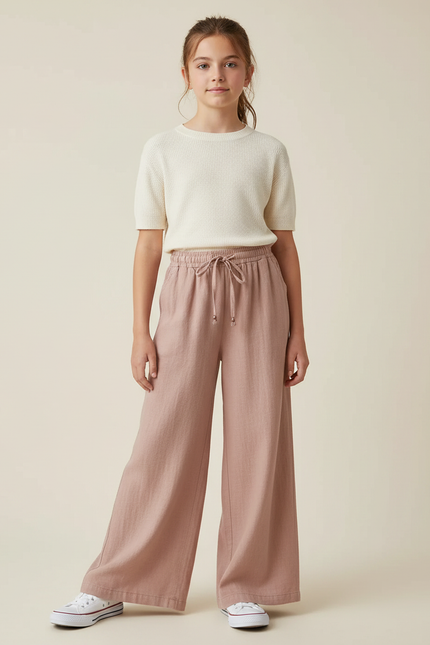 Pantalon Fluide Rose Lin Ample Décontracté Enfant