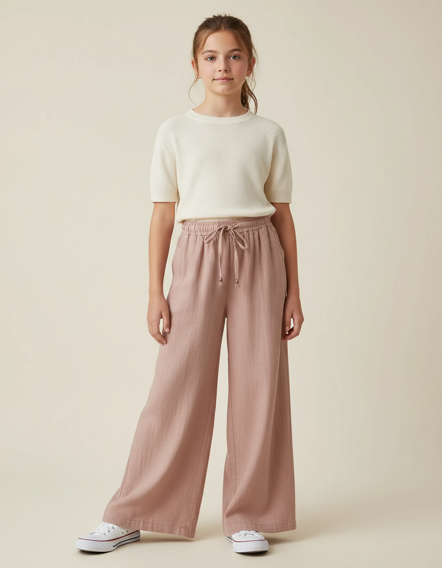 Pantalon Fluide Rose Lin Ample Décontracté Enfant