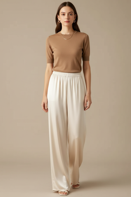 Pantalon Fluide Satiné Crème Ample Élégant Femme - Beige