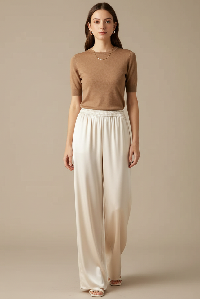 Pantalon Fluide Satiné Crème Ample Élégant Femme - Beige