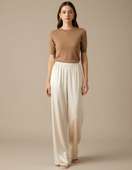 Pantalon Fluide Satiné Crème Ample Élégant Femme - Beige