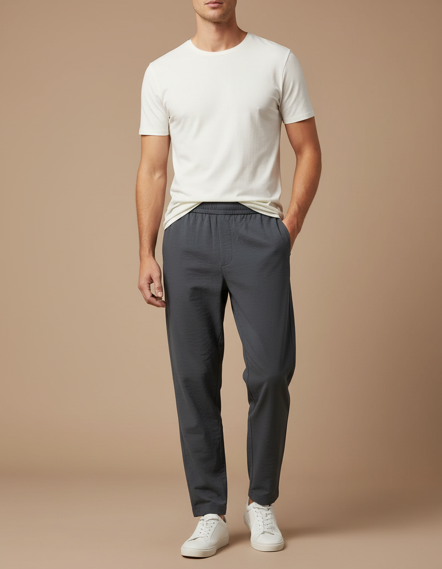 Pantalon Fluide Gris Homme Décontracté Léger Droit Simple - Polyester