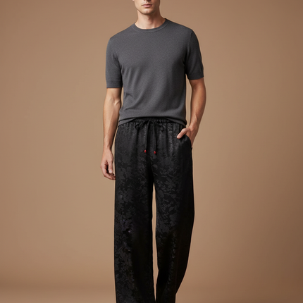 Pantalon Fluide Noir Jacquard Satiné Ample Élégant Homme