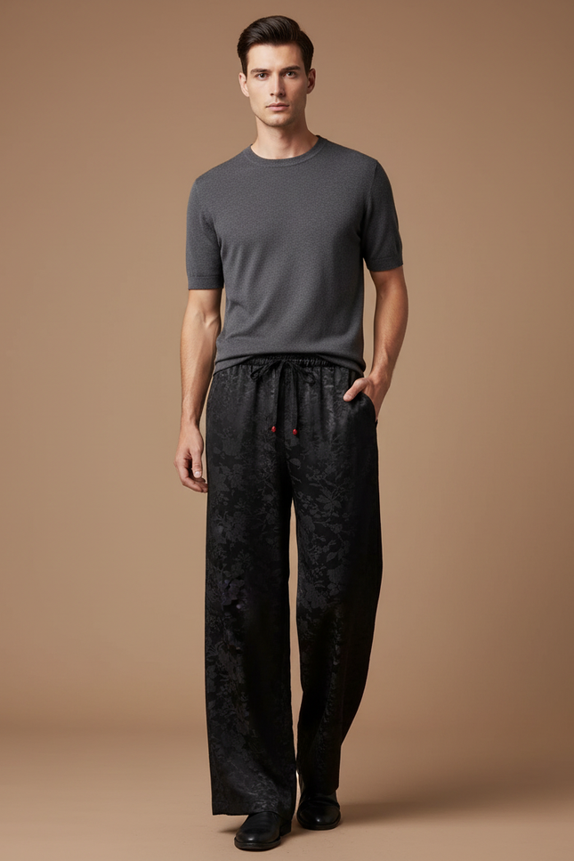 Pantalon Fluide Noir Jacquard Satiné Ample Élégant Homme