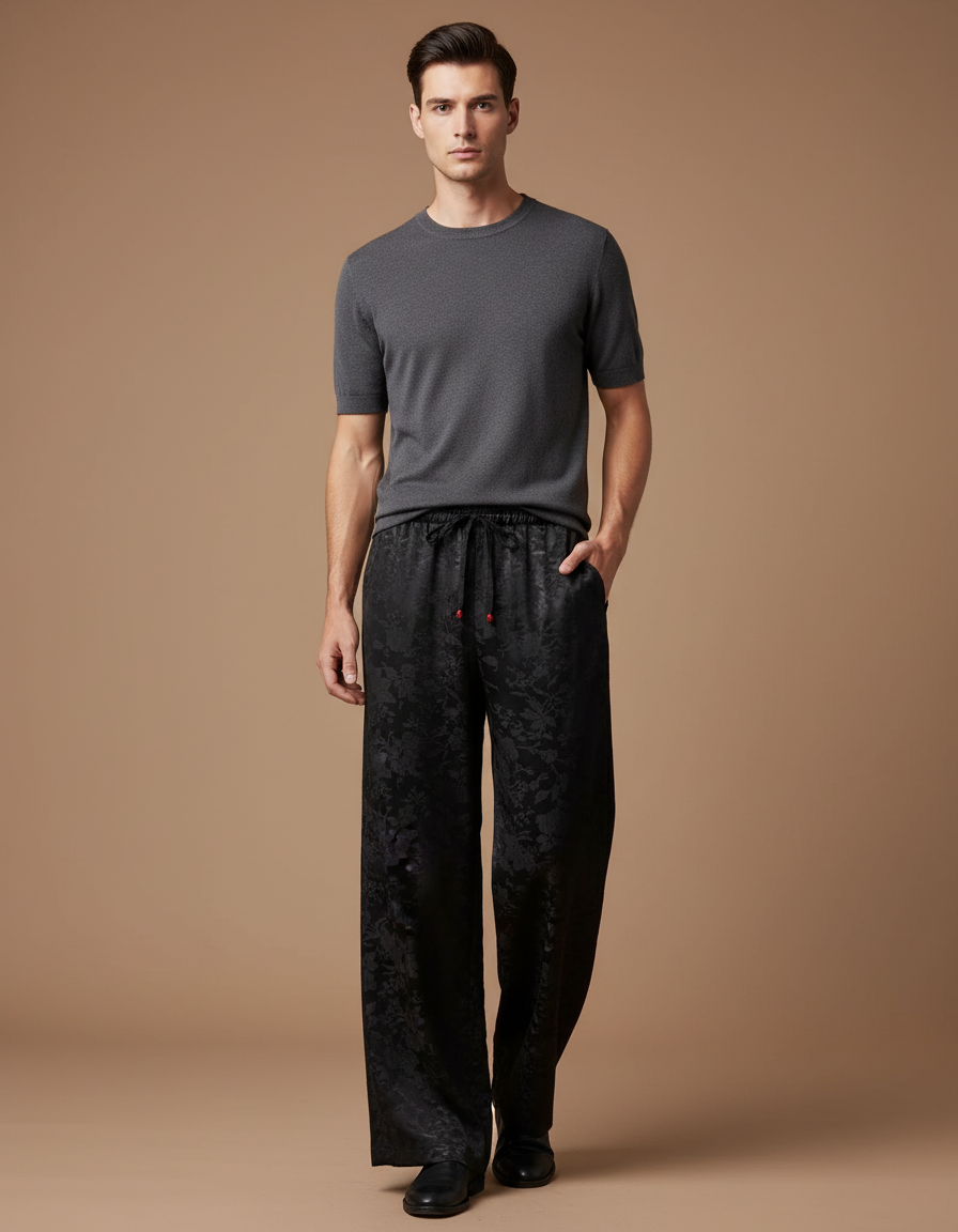 Pantalon Fluide Noir Jacquard Satiné Ample Élégant Homme
