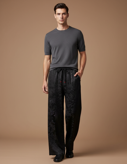 Pantalon Fluide Noir Jacquard Satiné Ample Élégant Homme