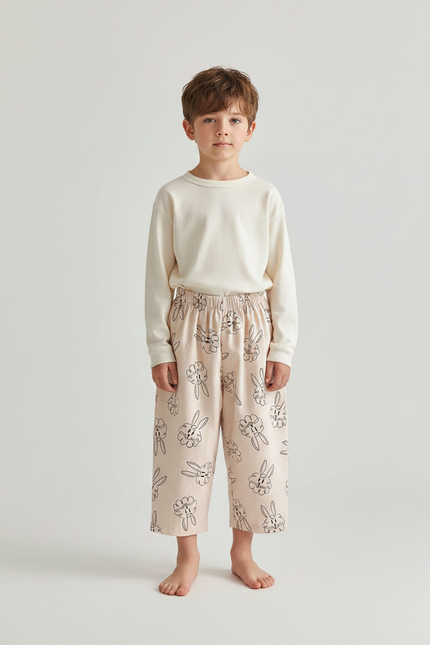 Pantalon Fluide Beige Coton Ample Imprimé Lapins Garçon