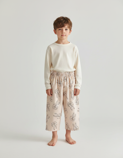 Pantalon Fluide Beige Coton Ample Imprimé Lapins Garçon