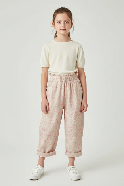 Pantalon Fluide Rose Floral Ample Taille Haute - Coton
